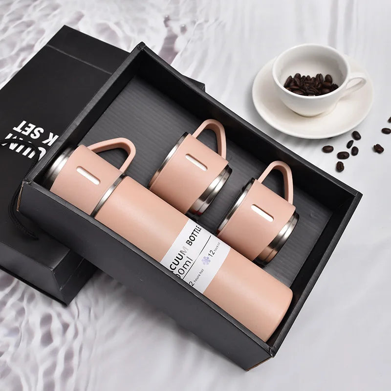 Stainless Steel Vacuum Flask with 3 Cups – Insulated Thermos Bottle