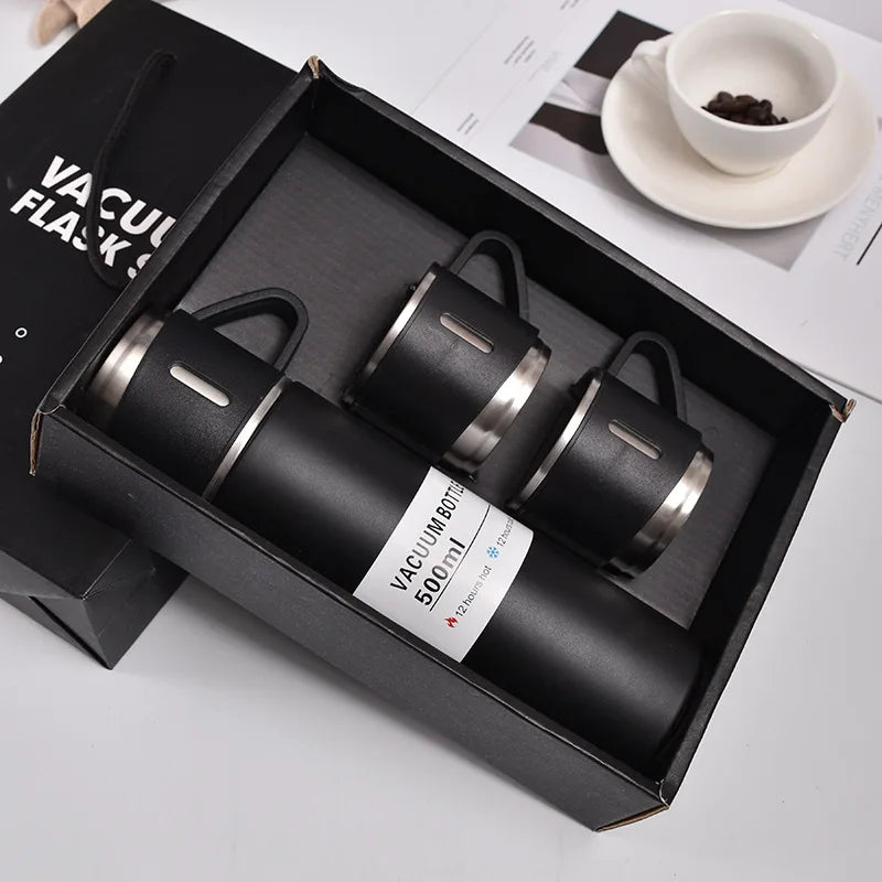 Stainless Steel Vacuum Flask with 3 Cups – Insulated Thermos Bottle