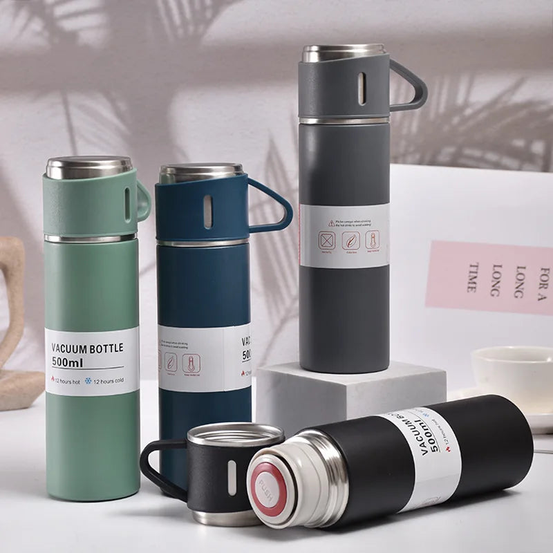 Stainless Steel Vacuum Flask with 3 Cups – Insulated Thermos Bottle