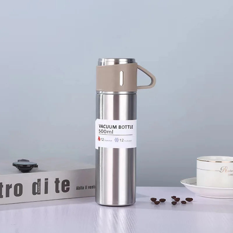 Stainless Steel Vacuum Flask with 3 Cups – Insulated Thermos Bottle