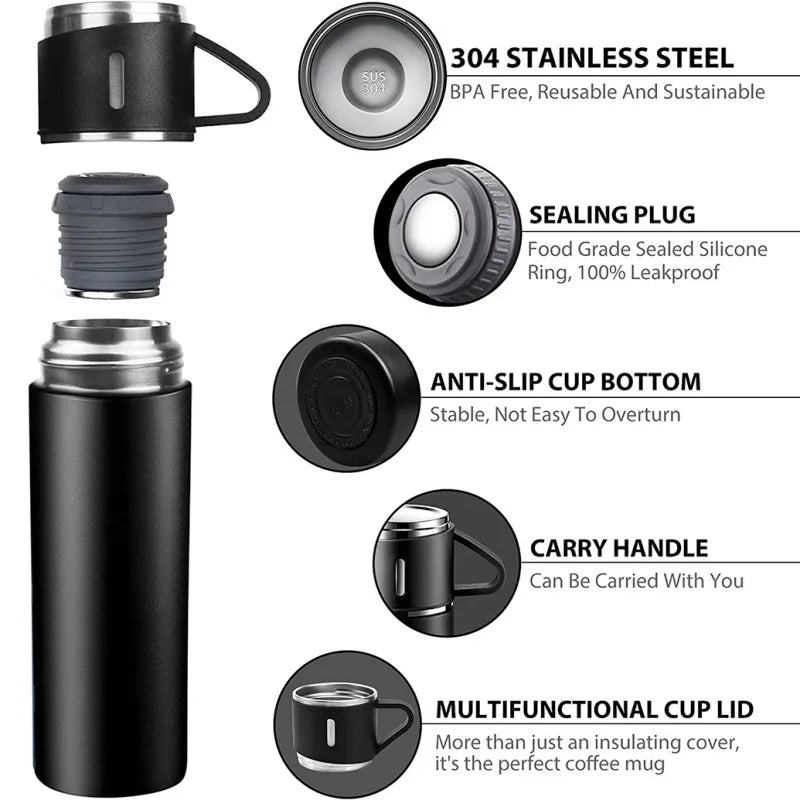 Stainless Steel Vacuum Flask with 3 Cups – Insulated Thermos Bottle